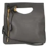 Grey leather handbag with detachable shoulder strap and large gold zipper detail