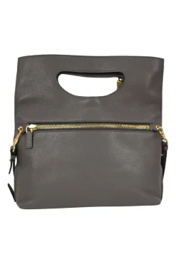 Grey leather handbag with detachable shoulder strap and large gold zipper detail
