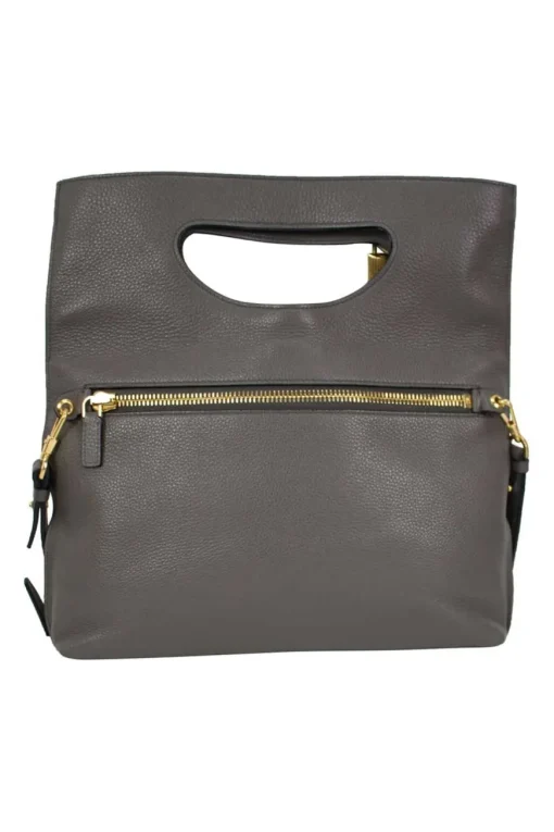 Grey leather handbag with detachable shoulder strap and large gold zipper detail