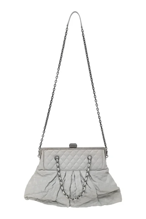Grey matelassé calfskin leather Chic Quilt Frame Tote shoulder bag with silver-tone aged ruthenium hardware