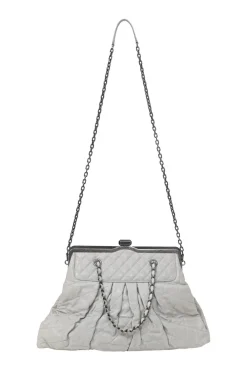 Grey matelassé calfskin leather Chic Quilt Frame Tote shoulder bag with silver-tone aged ruthenium hardware