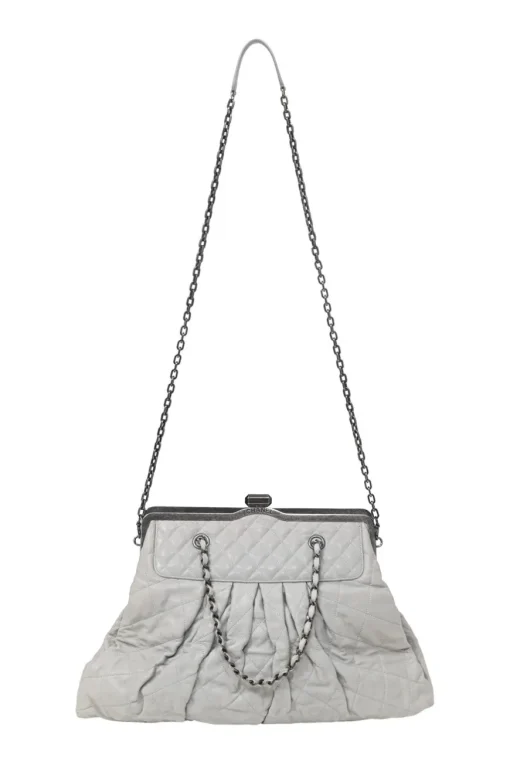 Grey matelassé calfskin leather Chic Quilt Frame Tote shoulder bag with silver-tone aged ruthenium hardware