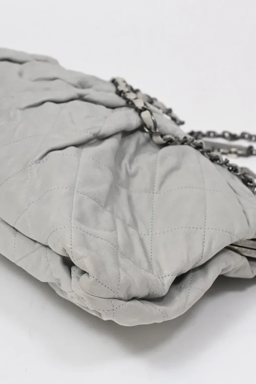 Grey matelassé calfskin leather Chic Quilt Frame Tote shoulder bag with silver-tone aged ruthenium hardware