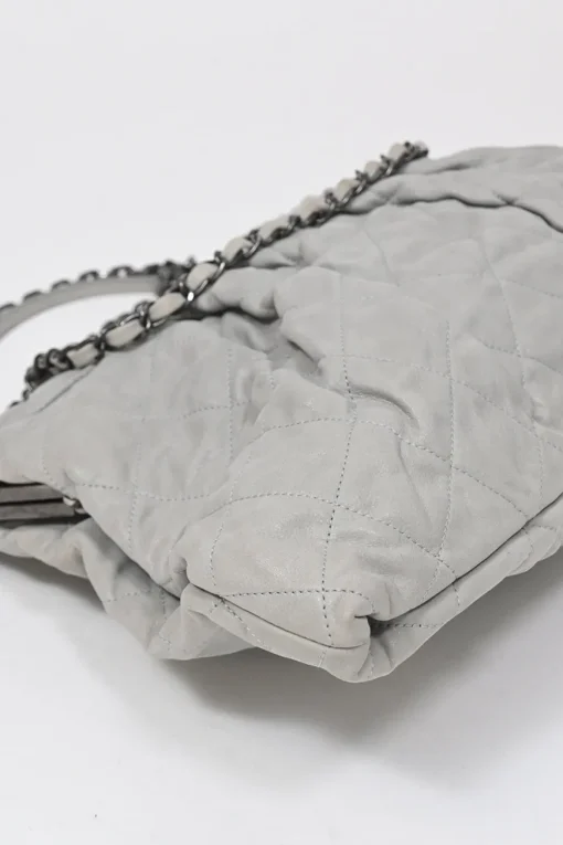 Grey matelassé calfskin leather Chic Quilt Frame Tote shoulder bag with silver-tone aged ruthenium hardware