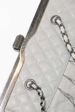 Grey matelassé calfskin leather Chic Quilt Frame Tote shoulder bag with silver-tone aged ruthenium hardware