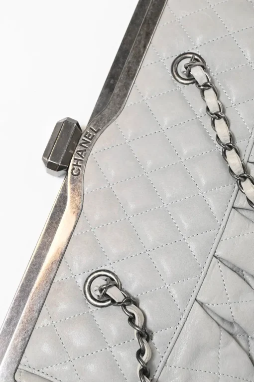 Grey matelassé calfskin leather Chic Quilt Frame Tote shoulder bag with silver-tone aged ruthenium hardware
