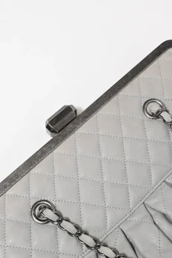 Grey matelassé calfskin leather Chic Quilt Frame Tote shoulder bag with silver-tone aged ruthenium hardware