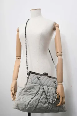 Grey matelassé calfskin leather Chic Quilt Frame Tote shoulder bag with silver-tone aged ruthenium hardware