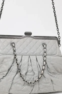 Grey matelassé calfskin leather Chic Quilt Frame Tote shoulder bag with silver-tone aged ruthenium hardware