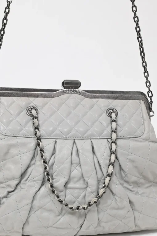 Grey matelassé calfskin leather Chic Quilt Frame Tote shoulder bag with silver-tone aged ruthenium hardware