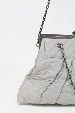 Grey matelassé calfskin leather Chic Quilt Frame Tote shoulder bag with silver-tone aged ruthenium hardware