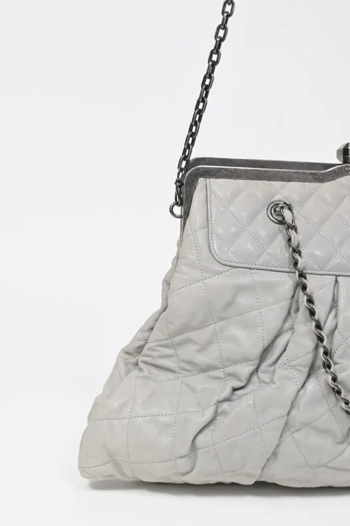 Grey matelassé calfskin leather Chic Quilt Frame Tote shoulder bag with silver-tone aged ruthenium hardware