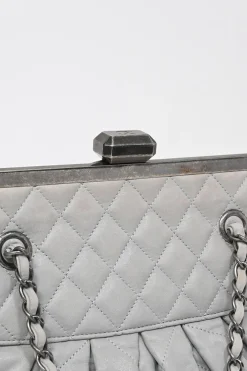 Grey matelassé calfskin leather Chic Quilt Frame Tote shoulder bag with silver-tone aged ruthenium hardware