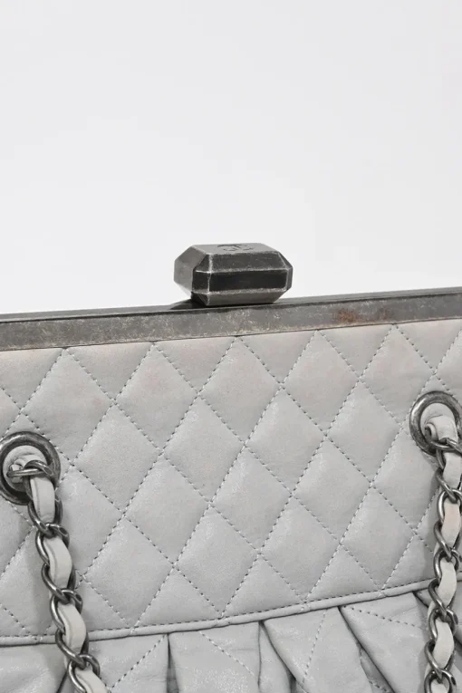 Grey matelassé calfskin leather Chic Quilt Frame Tote shoulder bag with silver-tone aged ruthenium hardware