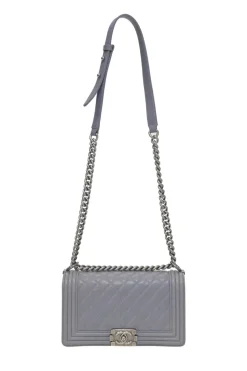 Grey matelassé lambskin Boy bag with silver-tone metallic hardware
