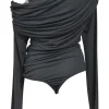 Grey modal-spandex jersey off-shoulder Kira bodysuit