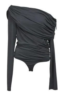 Grey modal-spandex jersey off-shoulder Kira bodysuit