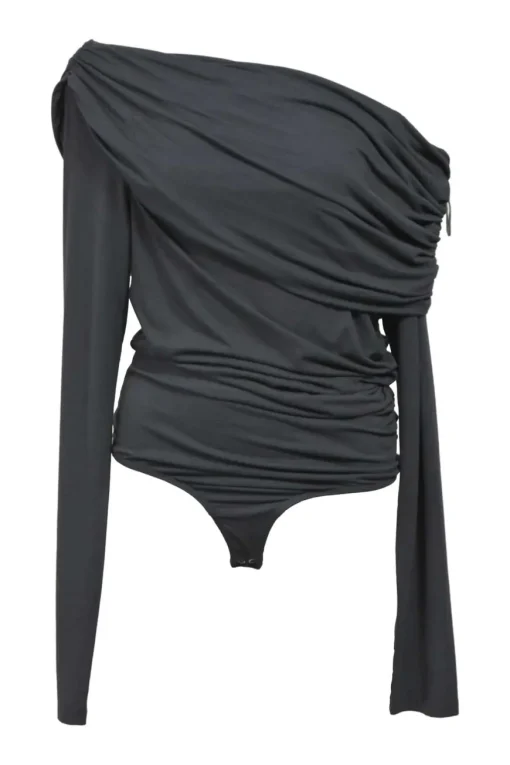 Grey modal-spandex jersey off-shoulder Kira bodysuit