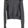 Grey mohair-wool blend vented crewneck pullover knit with floral appliqués at sleeve heads