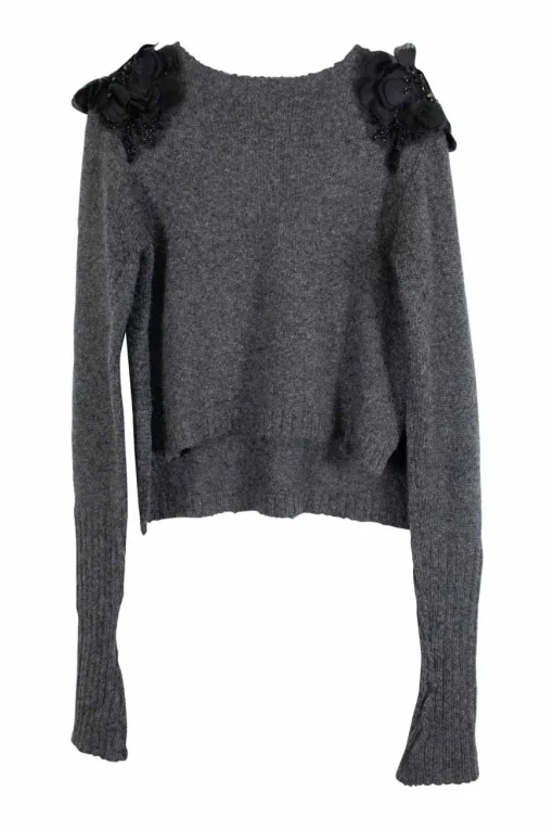 Grey mohair-wool blend vented crewneck pullover knit with floral appliqués at sleeve heads