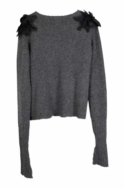 Grey mohair-wool blend vented crewneck pullover knit with floral appliqués at sleeve heads