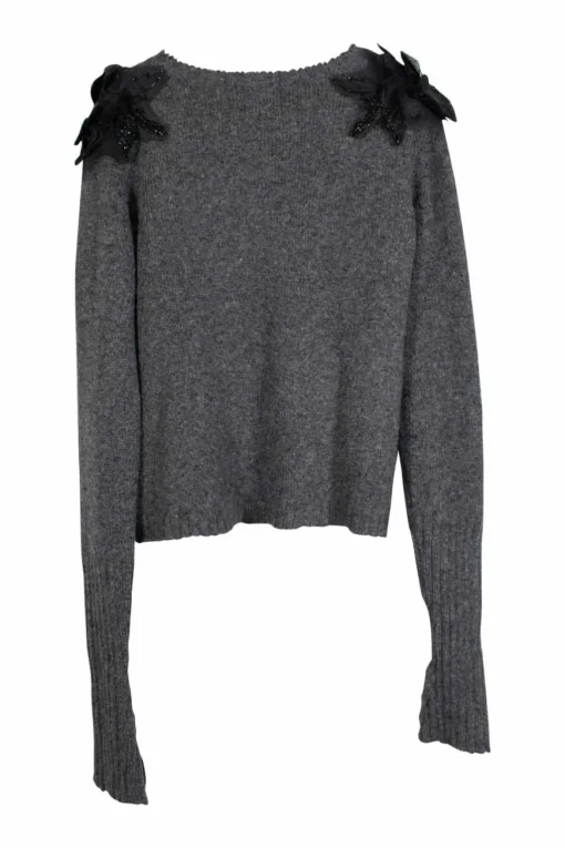 Grey mohair-wool blend vented crewneck pullover knit with floral appliqués at sleeve heads