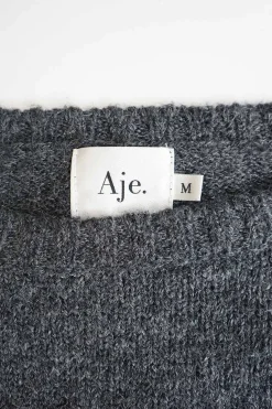 Grey mohair-wool blend vented crewneck pullover knit with floral appliqués at sleeve heads