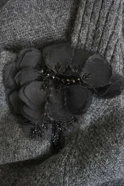 Grey mohair-wool blend vented crewneck pullover knit with floral appliqués at sleeve heads