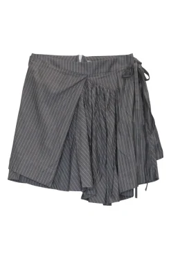 Grey paneled pinstripe cotton poplin apron-style mini A-line skirt with gathered asymmetric hem
