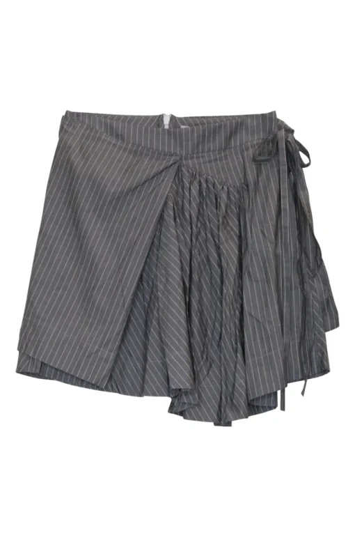 Grey paneled pinstripe cotton poplin apron-style mini A-line skirt with gathered asymmetric hem