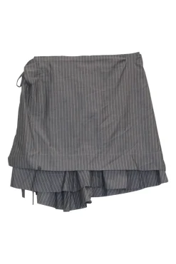 Grey paneled pinstripe cotton poplin apron-style mini A-line skirt with gathered asymmetric hem