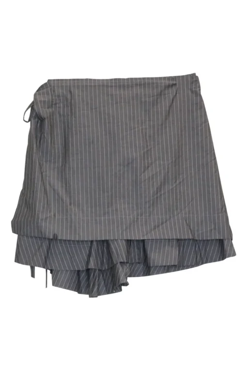Grey paneled pinstripe cotton poplin apron-style mini A-line skirt with gathered asymmetric hem
