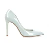 Grey patent leather high heeled pumps.
