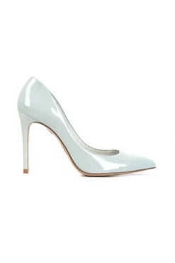 Grey patent leather high heeled pumps.