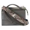 Grey pebbled leather bag with front flap, magnetic clasp and short top handle.