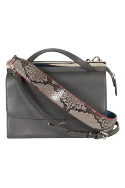 Grey pebbled leather bag with front flap, magnetic clasp and short top handle.