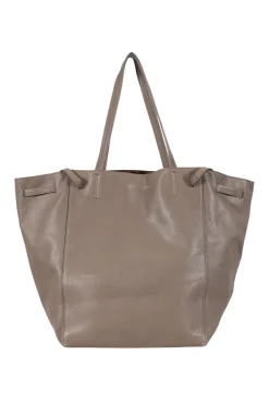 Grey pebbled leather tote bag with suede interior