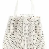 Grey perforated leather top handle bag. Drawstring closure. Bag comes with detachable leather zip pouch