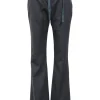 Grey pinstripe wool high-rise flared trousers with crystal-embellished silk velvet waistband and ties