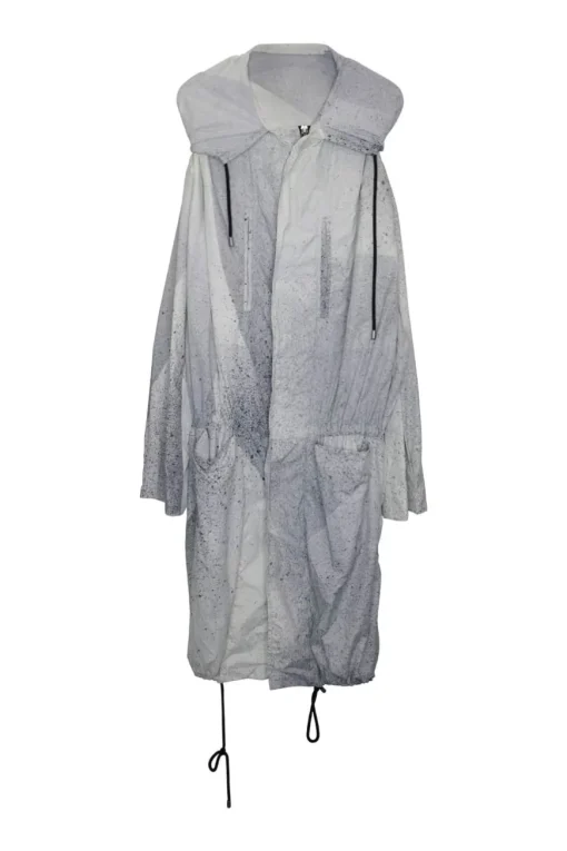Grey polyamide airbrushed splatter digi print parka with drawstring hem