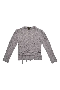 Grey polyamide-blend scalloped pointelle wrap cardigan