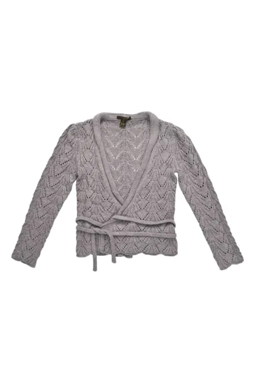 Grey polyamide-blend scalloped pointelle wrap cardigan