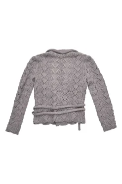 Grey polyamide-blend scalloped pointelle wrap cardigan