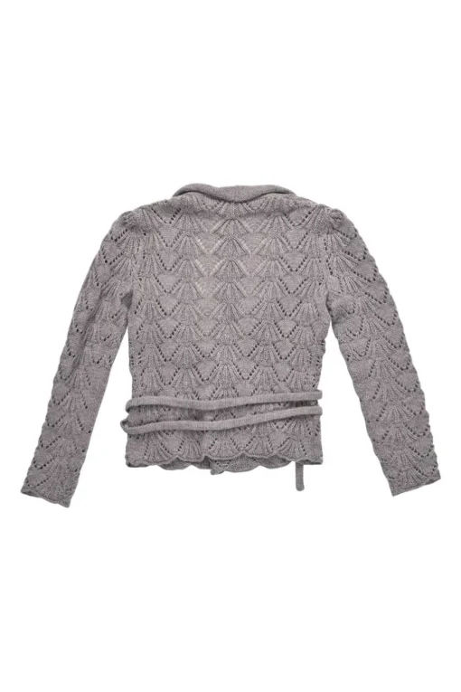 Grey polyamide-blend scalloped pointelle wrap cardigan