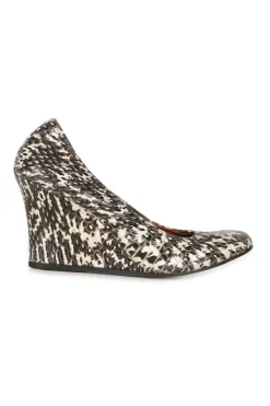 Grey python-embossed leather scrunch wedge pumps