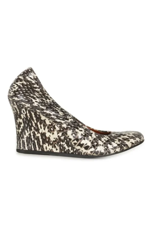 Grey python-embossed leather scrunch wedge pumps
