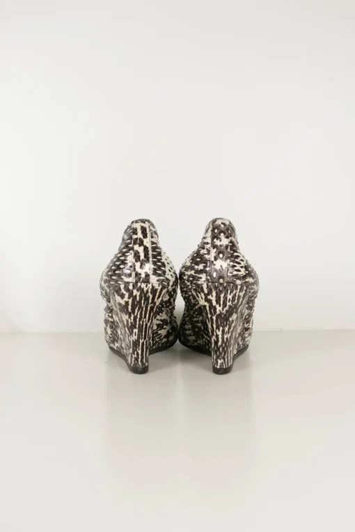Grey python-embossed leather scrunch wedge pumps