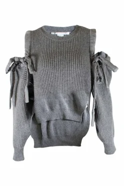 Grey, ribbed, long-sleeved, shoulder less, cropped cashmere sweater with lace up detailing on the shoulders