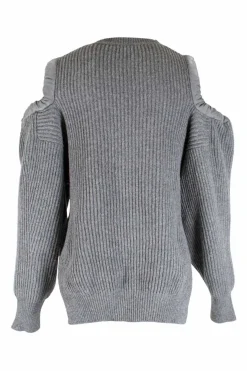 Grey, ribbed, long-sleeved, shoulder less, cropped cashmere sweater with lace up detailing on the shoulders