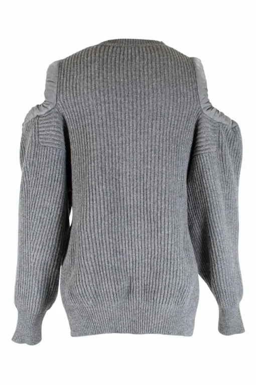 Grey, ribbed, long-sleeved, shoulder less, cropped cashmere sweater with lace up detailing on the shoulders